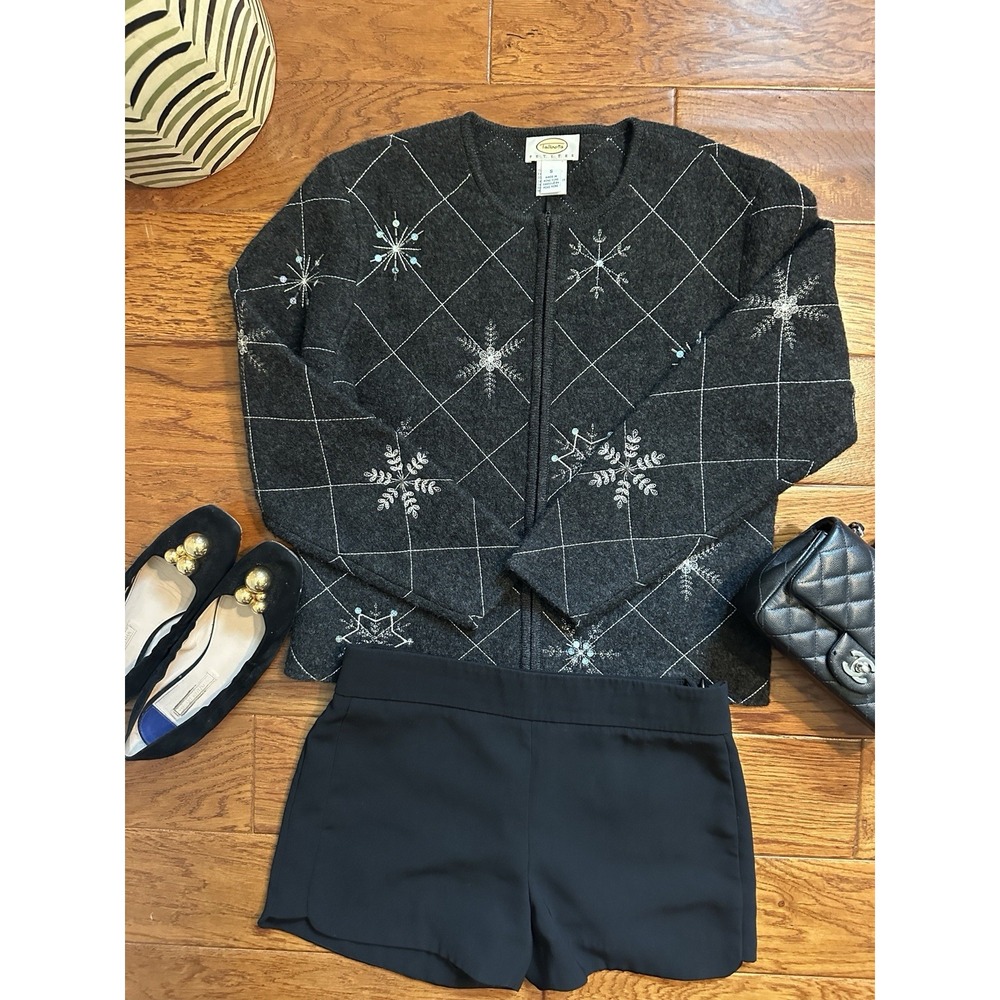 Talbots Petites Womens PS 100% Wool Zip Cardigan Jacket Beaded Snowflake Grey